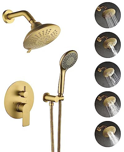 INAGE Duschsystem mit Handbrause und Regendusche Wasserhahn Set Hochdruck 15 Einstellungen Dual 2 in 1 Duscharmaturen (Duschventil im Lieferumfang enthalten) – Gebürstetes Gold CS037BG