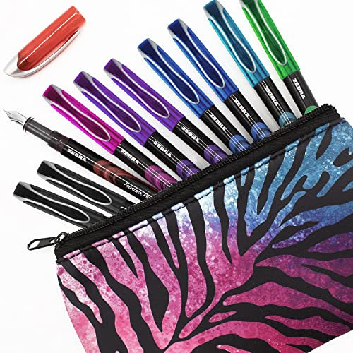 Zebra Fuente - Pluma estilogr fica desechable - Tinta de colores - Paquete de 10 - Incluye estuche de rayas rosas y azules