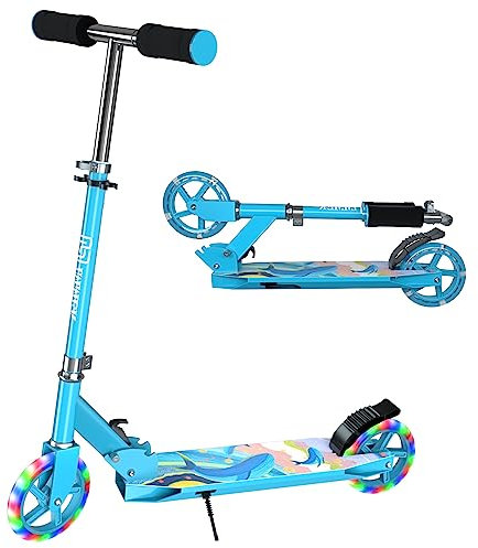 IMMEK 2-Rad Kinderroller, Faltbarer Kinderscooter, LED-Licht PU Rad, Höhenverstellbarer Kinderroller, Maximalgewicht bis 80 Kilogramm,geeignet für Mädchen und Jungen ab 4 Jahren(blau)