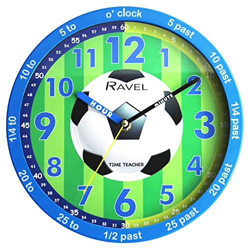 Ravel R.KC.12 Kinder-Wanduhr mit blauem Fußball/grünem Zifferblatt, 25 cm, analog, Quarz, Blau