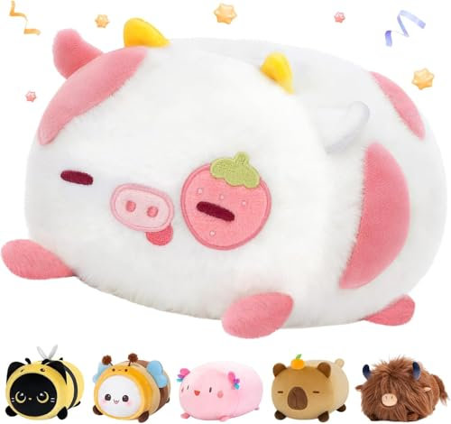 Mewaii Erdbeerkuh Plüschkissen 40CM Weiches Kawaii Kuscheltier für Kinder,Niedliches Erdbeerkuh Plüschtier,Perfektes Kuschelkissen und Geschenk