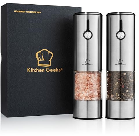 Kitchen Geeks Set macinino elettrico – Macina sale e pepe ricaricabile tramite USB con luce, facile da riempire, non richiede batterie, macinatura automatica con una sola mano, acciaio inossidabile e