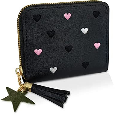 WisePoint Portafoglio Donna, Pelle Pu Porta Tessere Porta Carte Donnas con Ciondolo Della Stella, Portafoglio Donna Pelle con Ricamo Modello Del Cuore e Cerniera(Nero, S)