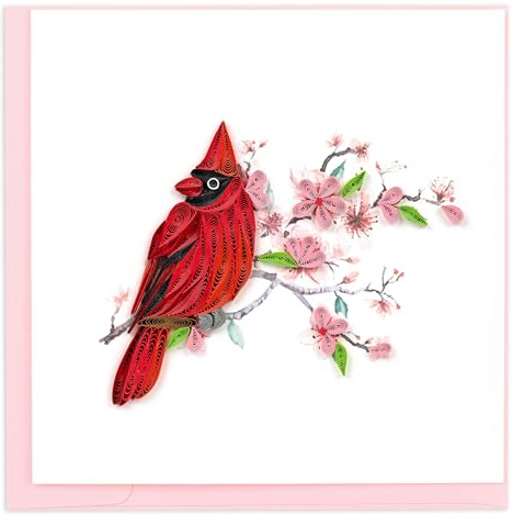 Quilling Card Handmade Quilled Cardinal & Cherry Blossom Greeting Card – 6x6 Inch Blank Card with Envelope – Fair Trade Verified – Unique Paper Art Keepsake for Any Occasion