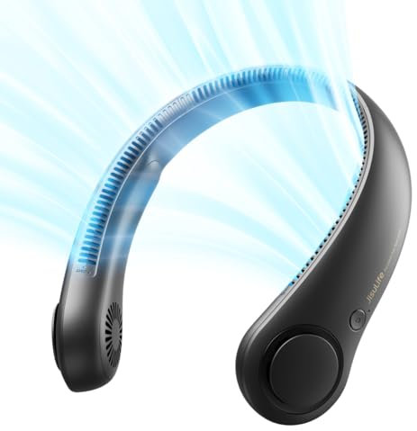 JISULIFE Ventilador de cuello portátil, manos libres, sin aspa, 5 velocidades, 4000 mAh, funciona con pilas, ventilador personal portátil, giratorio, recargable, regalo para mujeres y hombres-Negro
