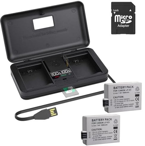 LP-E5 battery charger set - 2 pieces 1800mAh replacement battery and LCD charger with integrated cable for Canon EOS 450D, 500D, 1000D, Kiss X2, X3, Rebel XS, XSi, T1i