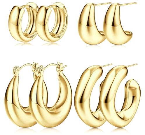 KRFY Gold Ohrringe Creolen für Damen 14 Karat vergoldete Chunky Gold Ohrringe Set Hypoallergen Leichte Huggie Creolen Set