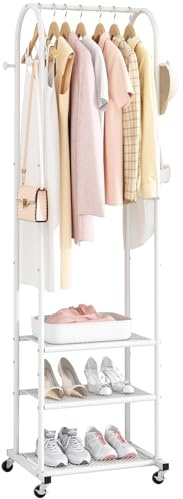Kaitiemoo Heavy Duty Clothing Rack with Wheels,Modern Garment Rack with 3 Metal Shelves, 71.8Inches Display Rack for Hanging Clothes, Hanging Rod for Small Spaces,White
