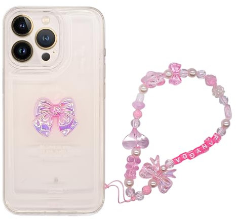 KDFSSIPE Compatible with iPhone 13 Pro Clear Case, Cute 3D Pink Bowknot Clear Case with Pink Bowknot Phone Charms, Sparkle Aesthetic Design, Shockproof Phone Cover+ Chain
