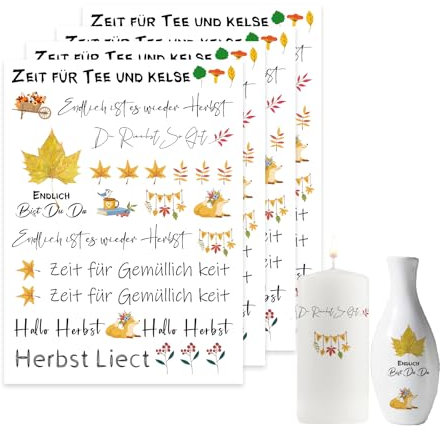 Bolosa® 4 Stück Kerzentattoos, Herbst, Wasserschiebefolie, HerbstDeko, Kerzentattoo, Kerzentattoos Dekoration, Kerzenfolie, Ahornblatt, Kerzen Tattoo, DIY Deko, A5 (19cmx14cm), Herbst B