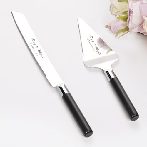 Juego de Cuchillo y Servidor para Pastel de Boda, Conjunto de Corte de Pastel de Acero Inoxidable, Oro Plata Cortador de Pastel Servidor de Pasteles para Navidad, Cumpleaños, Fiesta (Negro Plateado)