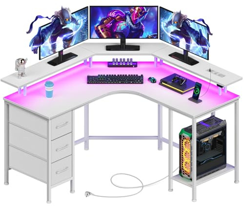 Seventable L-Shaped Gaming Desk, Corner Computer Desk with LED Lights & Power Outlets, 3 Fabric Drawers & Storage Shelf, Writing Table for Home Office, PC Gaming (White, 119 x 119 x 88 cm)