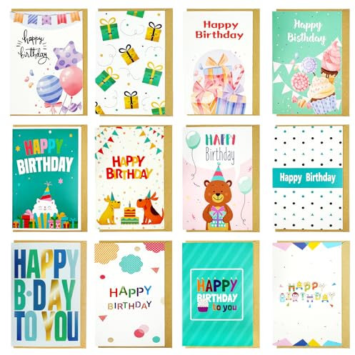 Geburtstagskarten Set mit Umschlag, 12 Stück Glückwunschkarten Geburtstag, Glückwunsch Klappkarten, Hochwertige Grußkarten zum Geburstag, Kreative Geschenkkarten, Glückwunschkarte für Männer Frauen