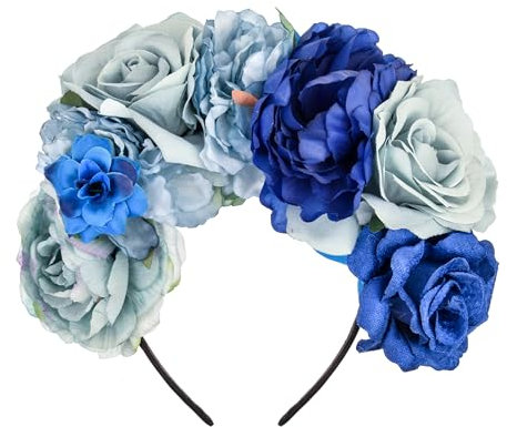 June Bloomy Mexikanische Blumenkrone für Damen, Dia de los muertos, Tag der Toten, Kopfschmuck, Party-Kostüm, Blau, 1 Count (Pack of 1)