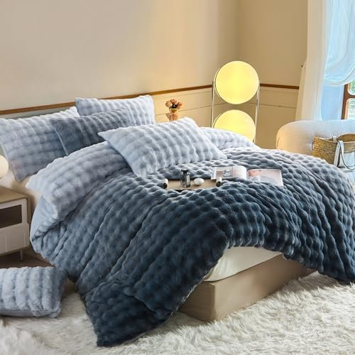 YASMENG Plüsch Bettwäsche 135x200 Winter Farbverlauf Grau Blau Langhaar Bettwäsche Winter Weich Flauschig Kaninchenfellimitat Bettbezug Set 2 Teilig für Kinder mit Reißverschluss und 80x80 Kissenbezug