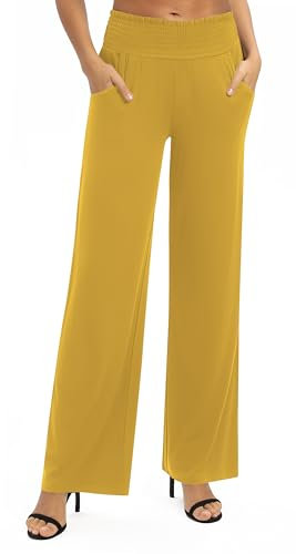 EXCHIC Damen Leichtgewicht Elastisch Hohe Taille Hose Casual Weite Bein Dehnbar Lounge Hosen mit Taschen (L, Senfgelb)