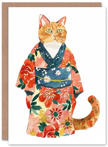 Artery8 Orange Tabby Floral Kimono Cat Lover Watercolour Blank For Him Or Her Art Birthday Card