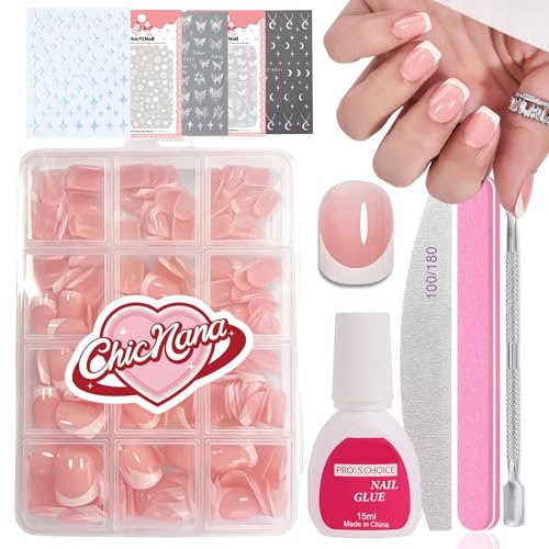 French Tips False Nails Kit, 240Pcs Press On Nails with Stickers, False Nails With Glue Acrylic Fake Nails 12 Sizes Stick On Nails White Tip Gift for Girls Women(Short Square)