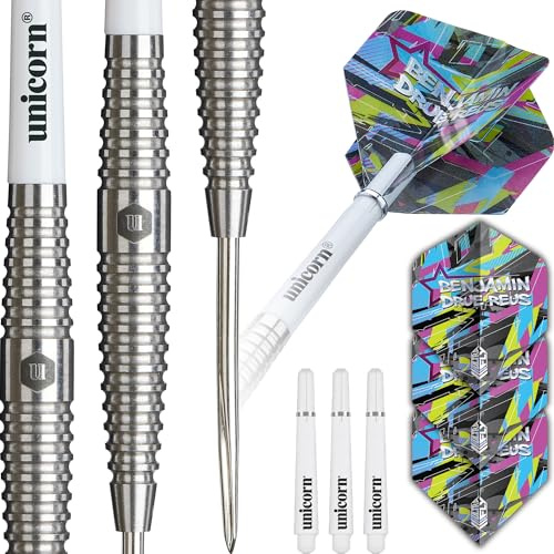 Unicorn Darts Set Contender | Benjamin 'The Flying Star' Drue Reus | 80% Natural Tungsten Barrels with Intricately Machined Grip Rings | Durable Ultrafly Flights | Steel Tip Volute Points | 24 g