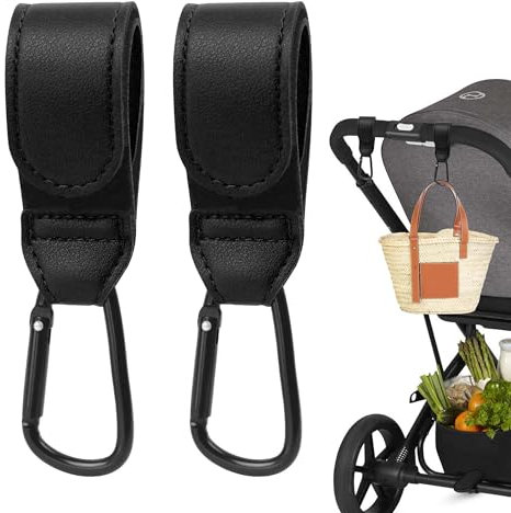 Zssxysm 2 Pezzi Ganci per Passeggino, Moschettoni per Carrozzina Universali in Pelle, Accessori Passeggino per Porta Borse Della Spesa, Cambio Bambino, Zaini, Mamma Pannolino Borsa (Nero)