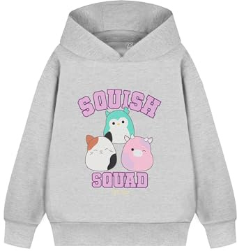 Squishmallows Girls Grey Hoodie | Squish Squad Sweaters with Cute Characters | Soft Hooded Sweatshirt for Kids | Cosy Apparel for Girls & Teens
