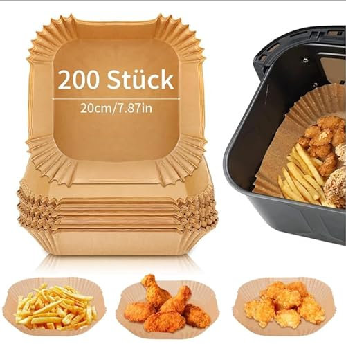 200 Piezas Papel para Freidora de Aire,20CM Papel Air Fryer Cuadrado,Adecuado para hornos, microondas, platos de horno de aire caliente para cocinas de vapor