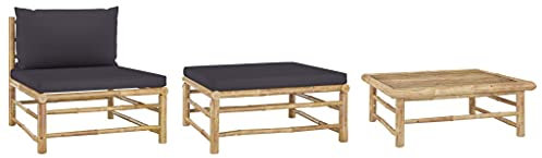 Myheimly 3-TLG. Garten-Lounge-Set mit Dunkelgrauen Kissen Bambus Dunkelgrau Sofa-Mittelteil Fußhocker Tisch