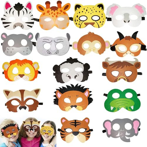 Jiahuade Tiermasken für Kinder,Filz Tiermasken,Kindermaske Rollenspiel,Maske Tier Wiederverwendbar,Filzmaske Geeignet für Geburtstagsfeiern,Dschungel Party Deko,Cosplay Party,Kostümpartys