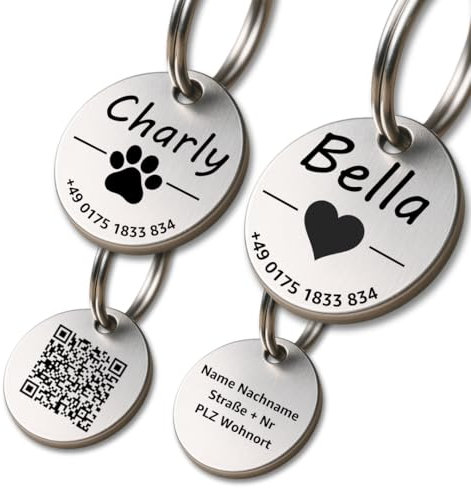 Hundemarke mit Gravur - Personalisiert - Edelstahl - ⌀23mm - Silber - Namensschild für Halsband - Dog Tag - Anhänger Marke für Hunde - mit Symbolauswahl - Tiermarke für Hunde, Katzen, Welpen, Pferde