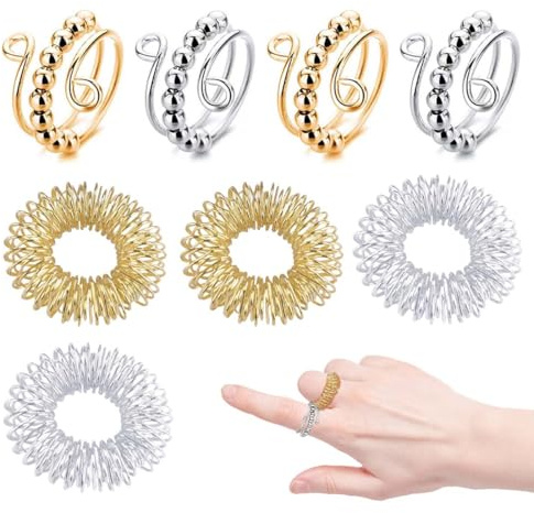 LAKJUOZ 4 Stück Anti Stress Ring Verstellbare Mit 4 Stück Akupressur Ring, Fidget Ring, Anxiety Ring, Skills Ringe, Antistress Ringe, Für Mädchen Und Frauen Stress Relief Ängstlichkeit