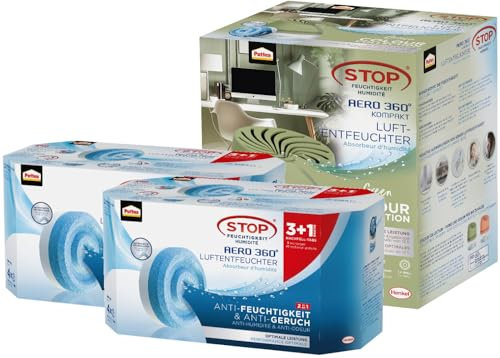 Pattex AERO 360° Kompakt Luftentfeuchter Green Colour Collection, 1 Gerät inkl. 1 Nachfülltab, Raumentfeuchter & Nachfüll Tabs Neutral, geruchsneutralisierend, 2x Nachfüllpack (3+1 x 450g)