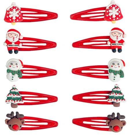 TRIXES Lot de 10 pinces à cheveux de Noël – Accessoires festifs avec Père Noël, Rudolf, bonshommes de neige et arbres de Noël – 5 paires de pinces à cheveux rouges