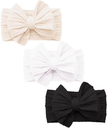 3 Stück Baby Turban Stirnband Baby Mädchen Nylon Stirnbänder Schleife Stirnband Weiche Schleife Kopfbedeckung Elastische Haarbänder für Neugeborene, Kleinkinder (Weiß Beige schwarz, eine Größe)