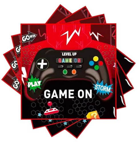 Ovanda Lot de 24 serviettes de table de jeu, 33 x 33 cm, motif de jeu vidéo, multicolores, jetables pour anniversaire, fête, anniversaire d'enfant, décoration de fête