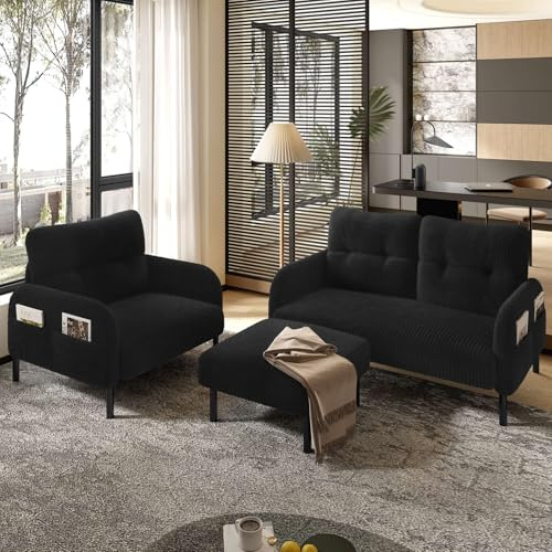 KOMHTOM Canapé 3 Places Modulaire avec Fauteuil, Tabouret, 4 Poches Latérales et Pieds de Chaise en Métal - Canapé Salon Moderne Confortable (Noir - Ensemble)