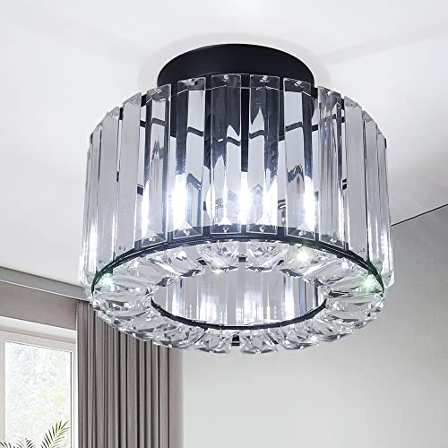 Moderne Kristall Deckenleuchte für Wohnzimmer, Halb-Einbau-Deckenleuchten mit E27-Sockel, Kronleuchter Deckenlampe Geeignet für Flur, Schlafzimmer, Küche und Badezimmer, Rund, Dia 20cm, Schwarz