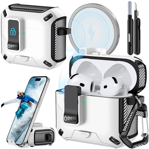 Joremx für AirPods 5/4 Magnetische Hülle mit Telefonständer(Weiß) | Magnet-Autopop&Rückseitige Magnetbefestigung(Für MagSafe),Carbon Faser Design,mit Reinigungsstift,für AirPods 5 / 4
