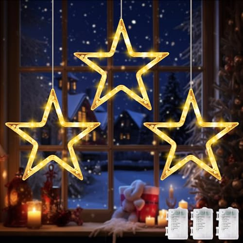 LED Sterne Weihnachtsbeleuchtung,3 Stück Weihnachtsdeko Fenster 30cm | Lichterkette Sterne,große Metall Sterne,Weihnachtsbeleuchtung Fenster,LED Weihnachtsstern Beleuchtung,für Weihnachten,Party