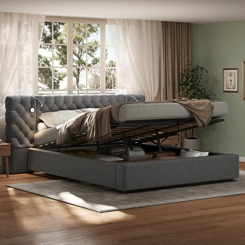 Merax Super King Size Upholstered Bed Frame 6ft Velvet Hydraulic Ottoman Storage Bed, Modern Grey Upholstered Bed,180×200cm,Reading Light and Wide Headboard – NO Mattress