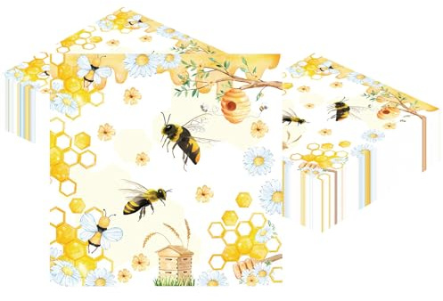 Ovanda Bienen Deko, 20 Stück 33x33cm Bienen Servietten, Bee Happy Geburtstags Tischdeko, Bienen Deko Geburtstag Servietten, Babyparty Geburtstag Tischdekoration, Frühling Tischdeko Serviettens