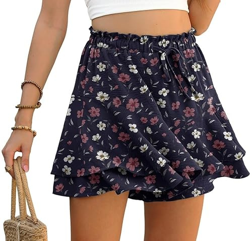 PrinStory - Pantaloncini da donna estivi a vita alta con volant, pantaloncini corti comodi a gamba larga, gonna corta, per tempo libero, spiaggia, vacanze