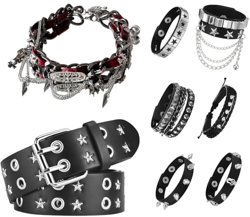 Tastetreasure 8-tlg. Y2K Goth Accessoires Set, Punk Choker mit Herz-Anhänger, Doppelloch Stern Gürtel & 6 Stk. Nietene für Damen Herren, Emo Grunge Schmuck für Halloween Party & Cosplay