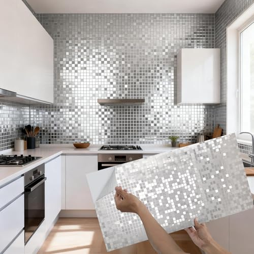 Takezuaa 10pcs Mosaic Style Decorative Tile Stickers, 30x60cm Self Adhesive Wall Tiles,Waterproof Peel and Stick on Wall Tiles for Kitchen Bathroom Transformation - Silver