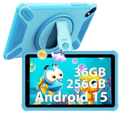 PIXGOOD Tablet 7 per bambini, 36GB RAM 256GB ROM (SD espandibile), Android 15, controlli parentali, schermo FHD, 6580mAh, 5MP+2MP, WiFi, Bluetooth, Tablet per l'istruzione (blu)