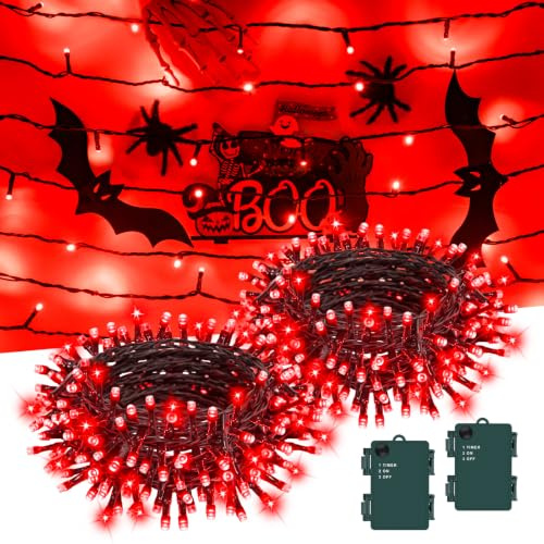 2 Stück Halloween Lichterkette Außen Batterie 3M 30 LED Rot Lichterkette Batteriebetrieben mit 6 Stunden Timer, IP65 Wasserdicht Halloween Deko für Spinnenetz, Spukhaus, Hof, Horror Party, Weihnachten
