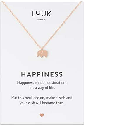 LUUK LIFESTYLE Collier filigrane en acier inoxydable, avec pendentif éléphant, carte cadeau HAPPINESS, porte-bonheur de voyage, bijoux femmes, rose