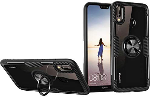 SORAKA Hülle für Huawei P20 Lite mit 360 Grad drehbarem Ringständer Harter PC transparenter Abdeckung+Silikon Rahmen durchsichtige hülle mit Metallplatte für Handyhalterung Auto KFZ Magnet
