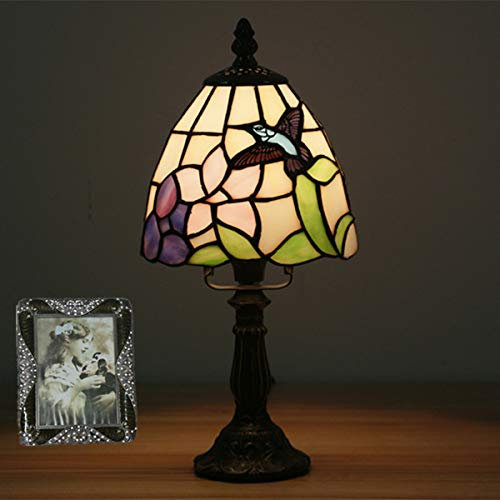 GDLight Dorf Tiffany Stil Mini Tischlampe Pastoralen Blumen Vögel Glasmalerei Nachttischlampe mit Zinklegierung Basis für Hausbar, D5,9 x H13.2