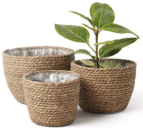 La Jolíe Muse Cesta de Plantas de Hierba Marina en el Interior y en el Exterior, Cubierta de Macetas, Contenedores de Plantas, Natural (3-Pack), 26cm+22cm+16cm