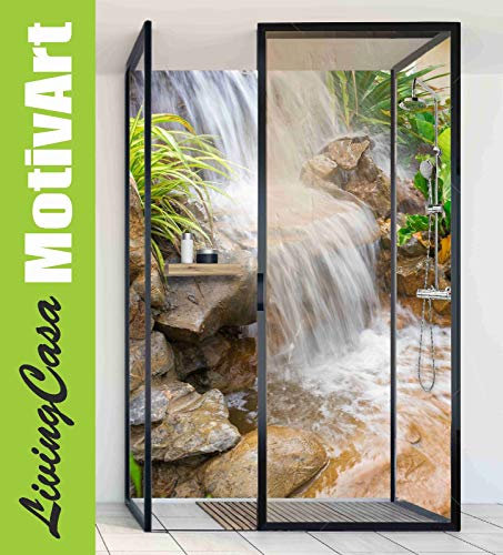 LivingCasa Eck Duschrückwand Rückwand Dusche Alu, Wasserfall Tropen Sonne Duc21 100x200cm